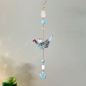 Origami Ornament #2312 - Small Crane with Rose Quartz and Enamel Flower Charm